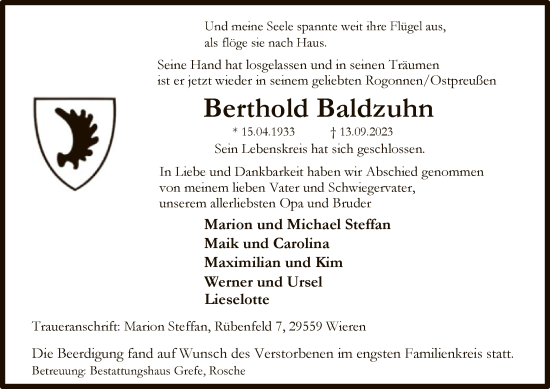 Traueranzeige von Berthold Baldzuhn von UEL