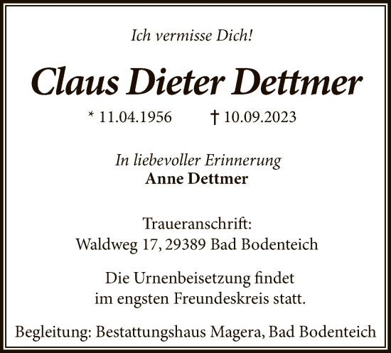 Traueranzeige von Claus Dieter Dettmer von UEL