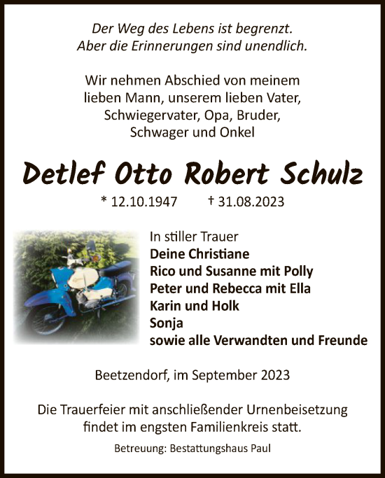 Traueranzeige von Detlef Otto Robert Schulz von UEL