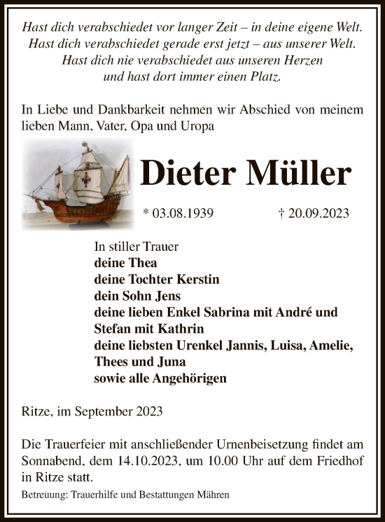 Traueranzeige von Dieter Müller von UEL