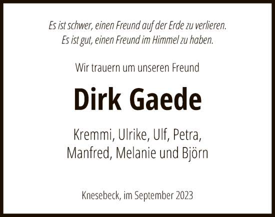 Traueranzeige von Dirk Gaede von UEL