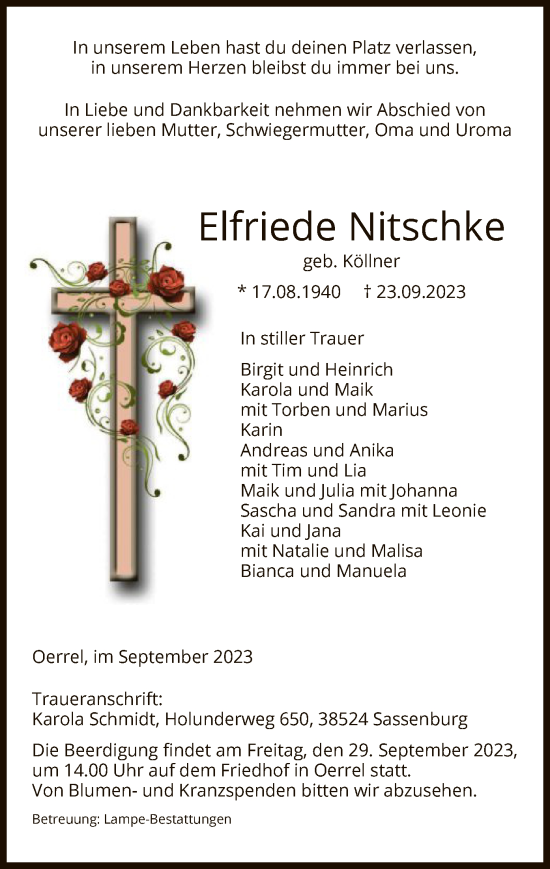 Traueranzeige von Elfriede Nitschke von UEL