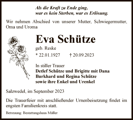 Traueranzeige von Eva Schütze von UEL