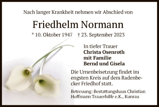 Traueranzeige von Friedhelm Normann von UEL