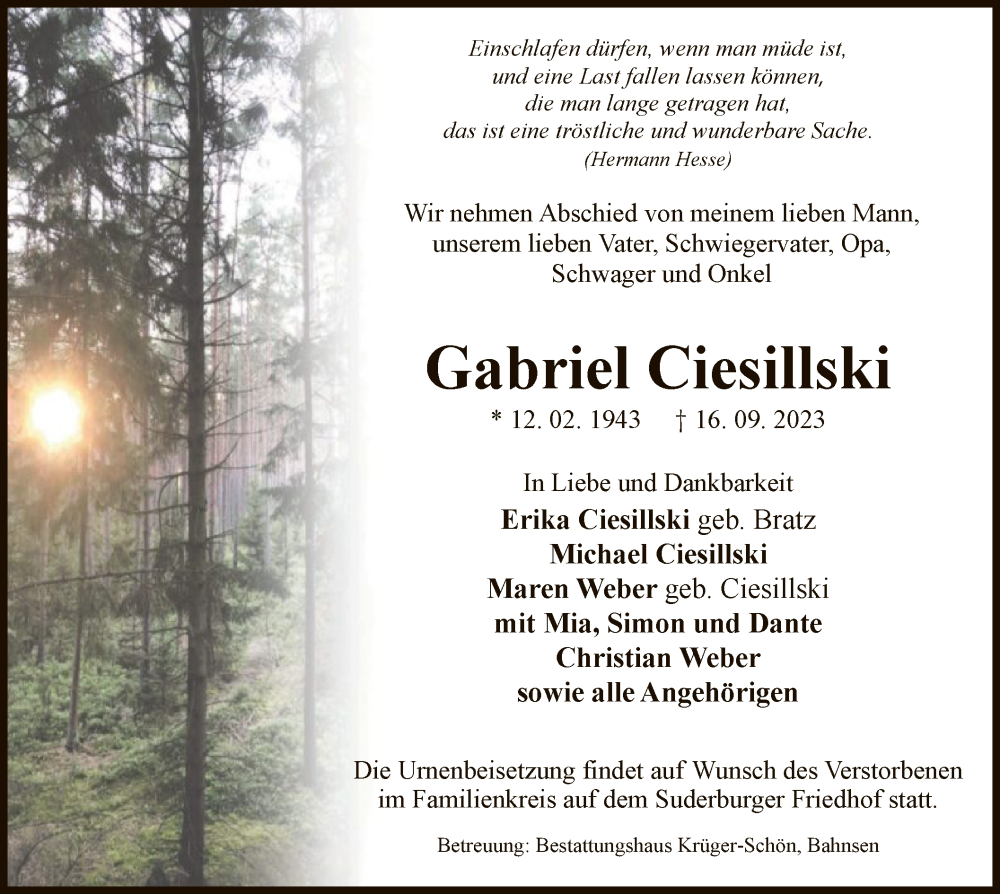  Traueranzeige für Gabriel Ciesillski vom 19.09.2023 aus UEL
