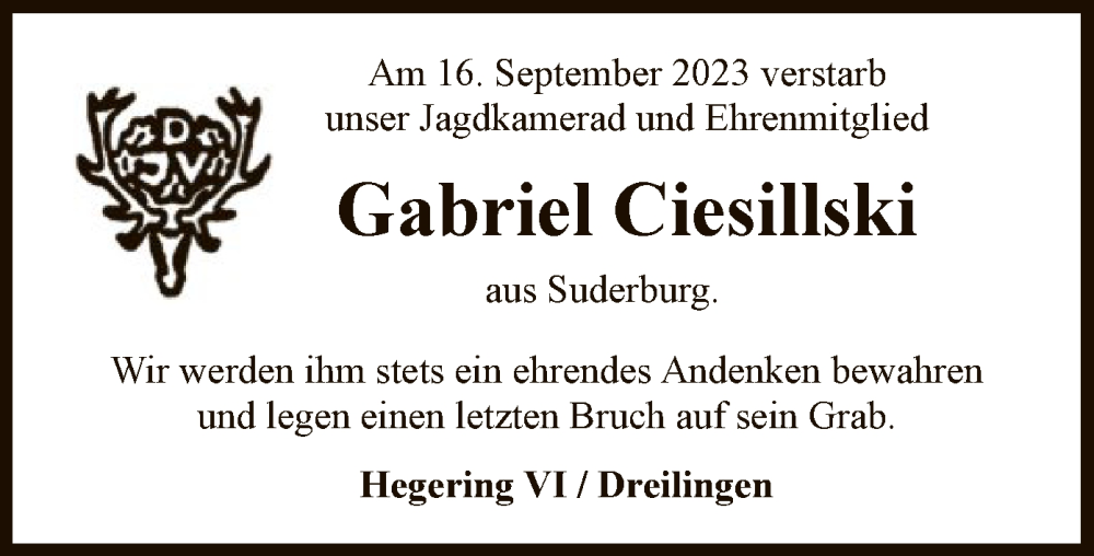  Traueranzeige für Gabriel Ciesillski vom 19.09.2023 aus UEL