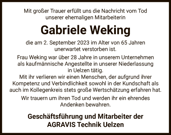 Traueranzeige von Gabriele Weking von UEL