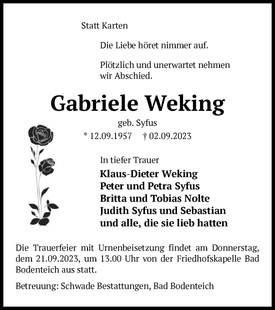 Traueranzeige von Gabriele Weking von UEL