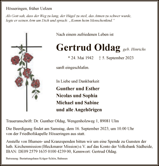 Traueranzeige von Gertrud Oldag von UEL