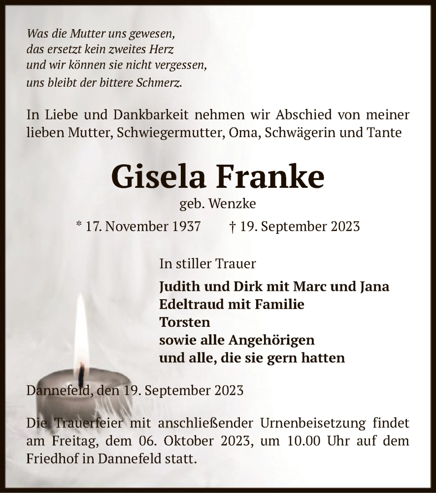  Traueranzeige für Gisela Franke vom 27.09.2023 aus UEL