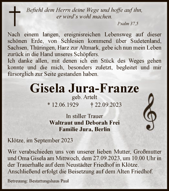 Traueranzeige von Gisela Jura-Franze von UEL