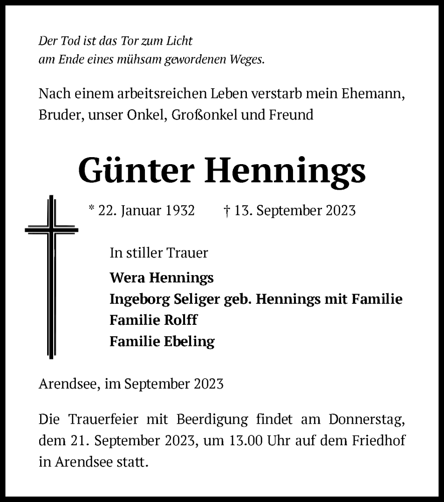  Traueranzeige für Günter Hennings vom 16.09.2023 aus UEL