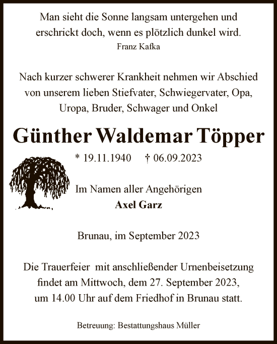 Traueranzeige von Günther Waldemar Töpper von UEL