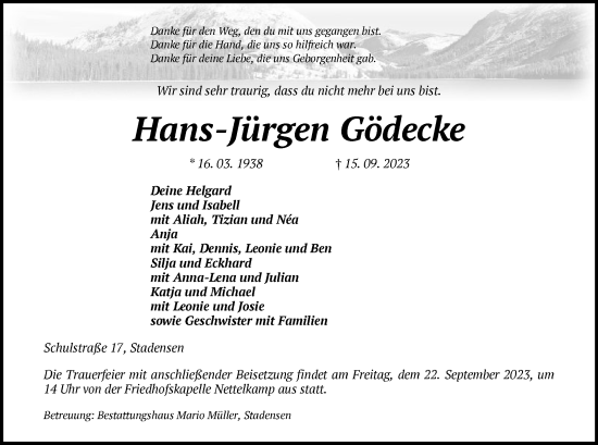 Traueranzeige von Hans-Jürgen Gödecke von UELUEL