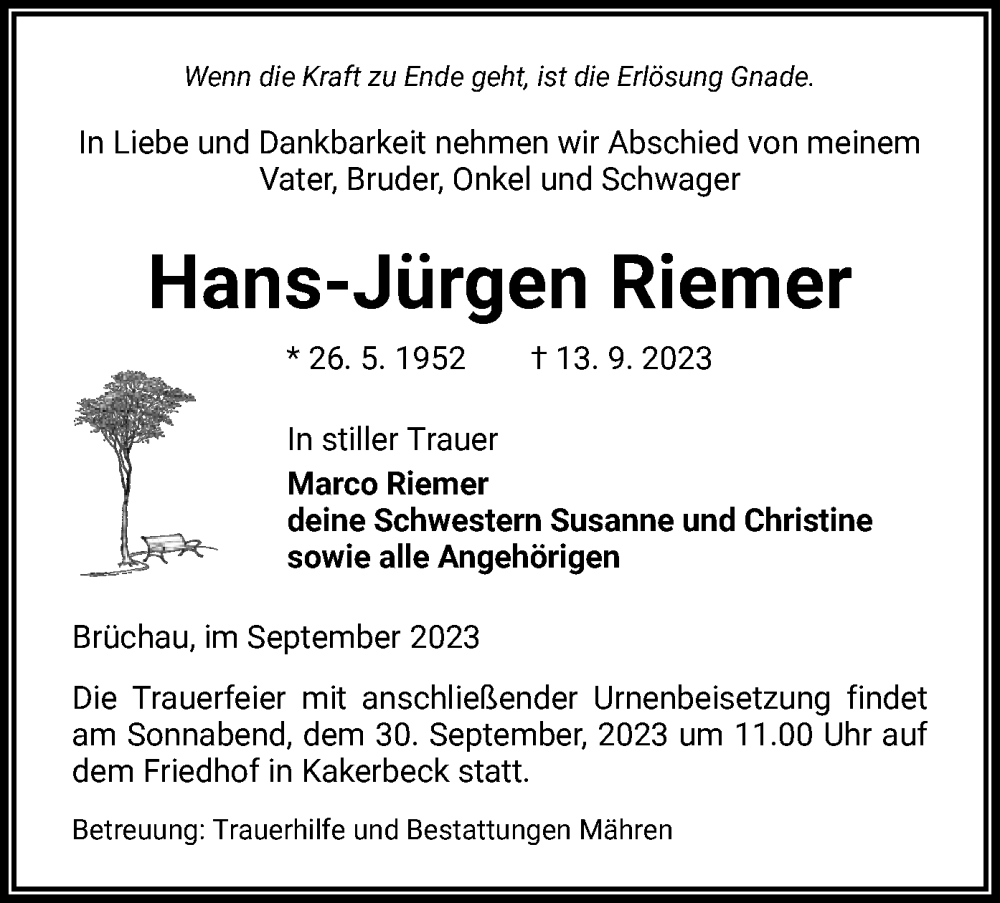  Traueranzeige für Hans-Jürgen Riemer vom 16.09.2023 aus UEL