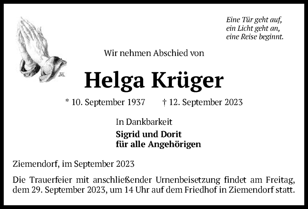  Traueranzeige für Helga Krüger vom 16.09.2023 aus UEL