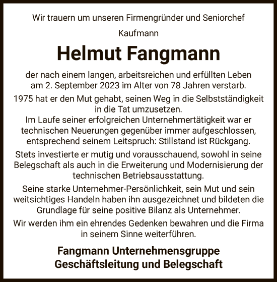 Traueranzeige von Helmut Fangmann von UEL