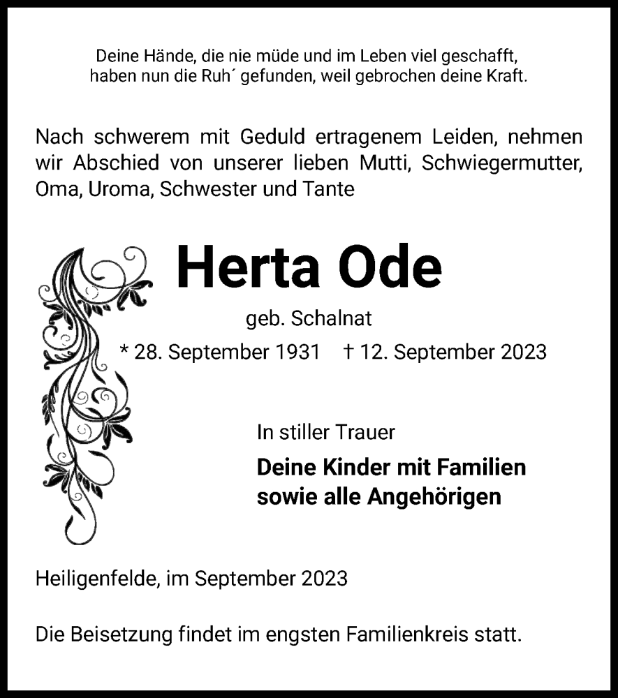  Traueranzeige für Herta Ode vom 16.09.2023 aus UEL