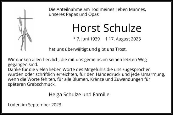 Traueranzeige von Horst Schulze von UEL