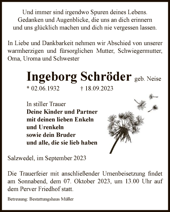Traueranzeige von Ingeborg Schröder von UEL