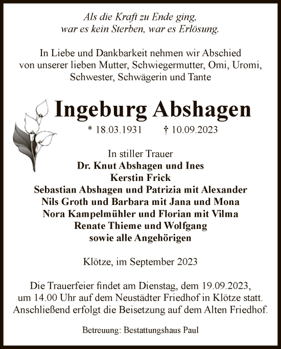 Traueranzeige von Ingeburg Abshagen von UEL