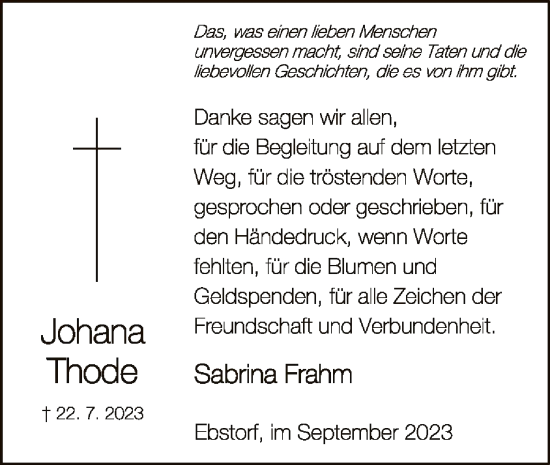 Traueranzeige von Johana Thode von UEL