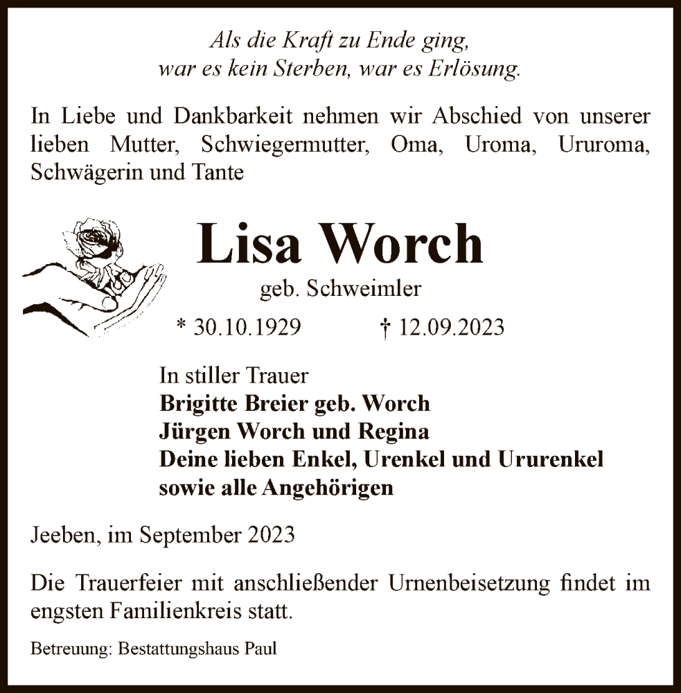  Traueranzeige für Lisa Worch vom 16.09.2023 aus UEL