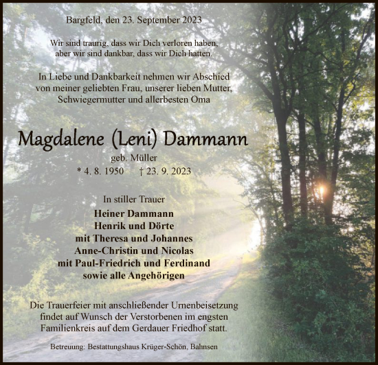 Traueranzeige von Magdalene Dammann von UEL