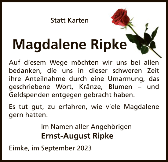 Traueranzeige von Magdalene Ripke von UEL