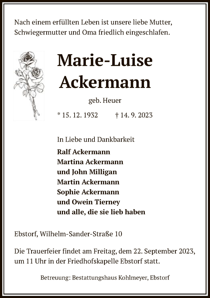  Traueranzeige für Marie-Luise Ackermann vom 19.09.2023 aus UEL