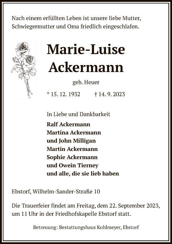 Traueranzeige von Marie-Luise Ackermann von UEL