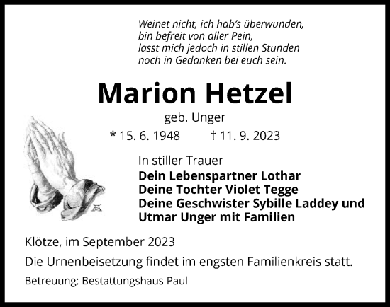 Traueranzeige von Marion Hetzel von UEL