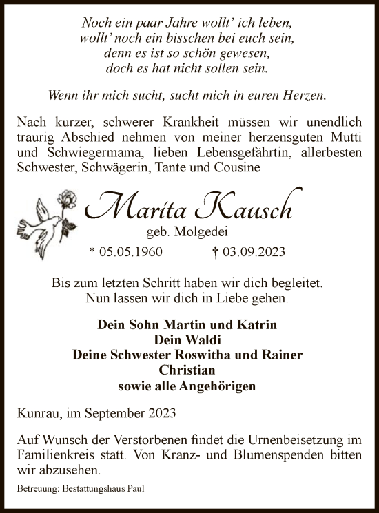 Traueranzeige von Marita Kausch von UEL