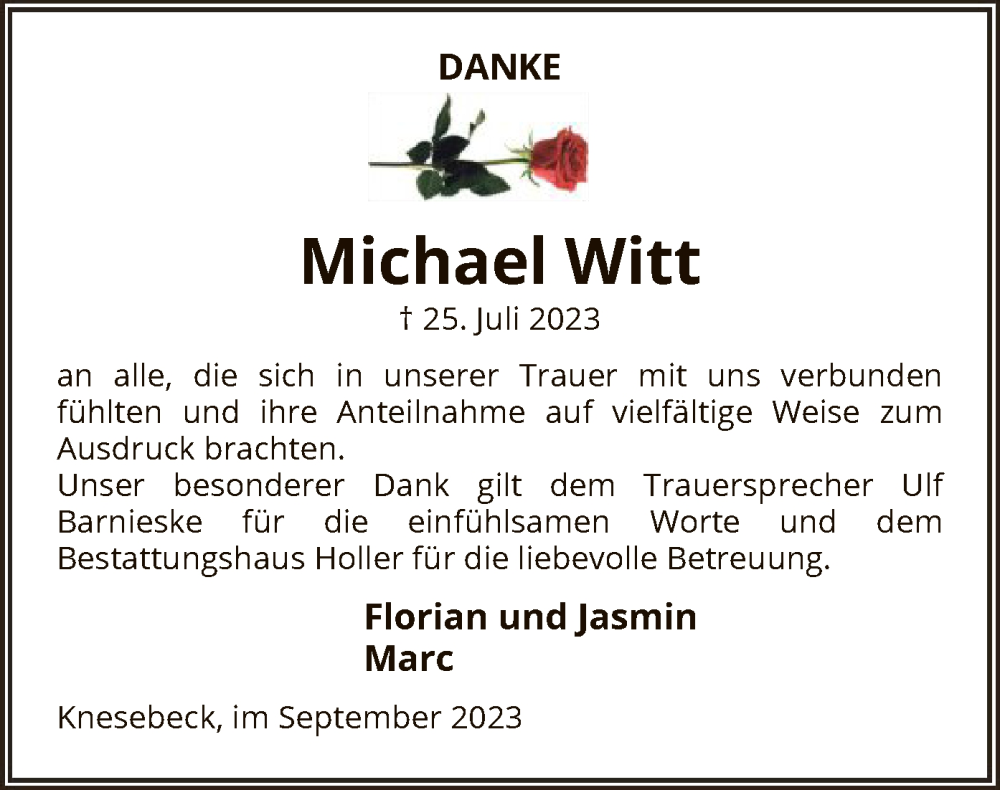  Traueranzeige für Michael Witt vom 14.09.2023 aus UEL