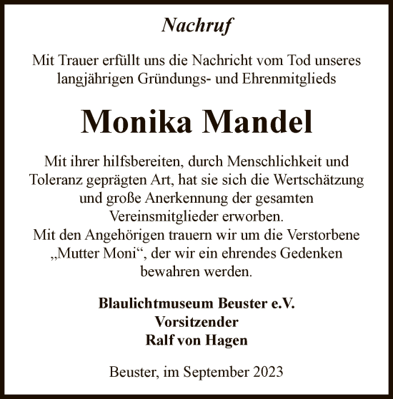 Traueranzeige von Monika Mandel von UEL