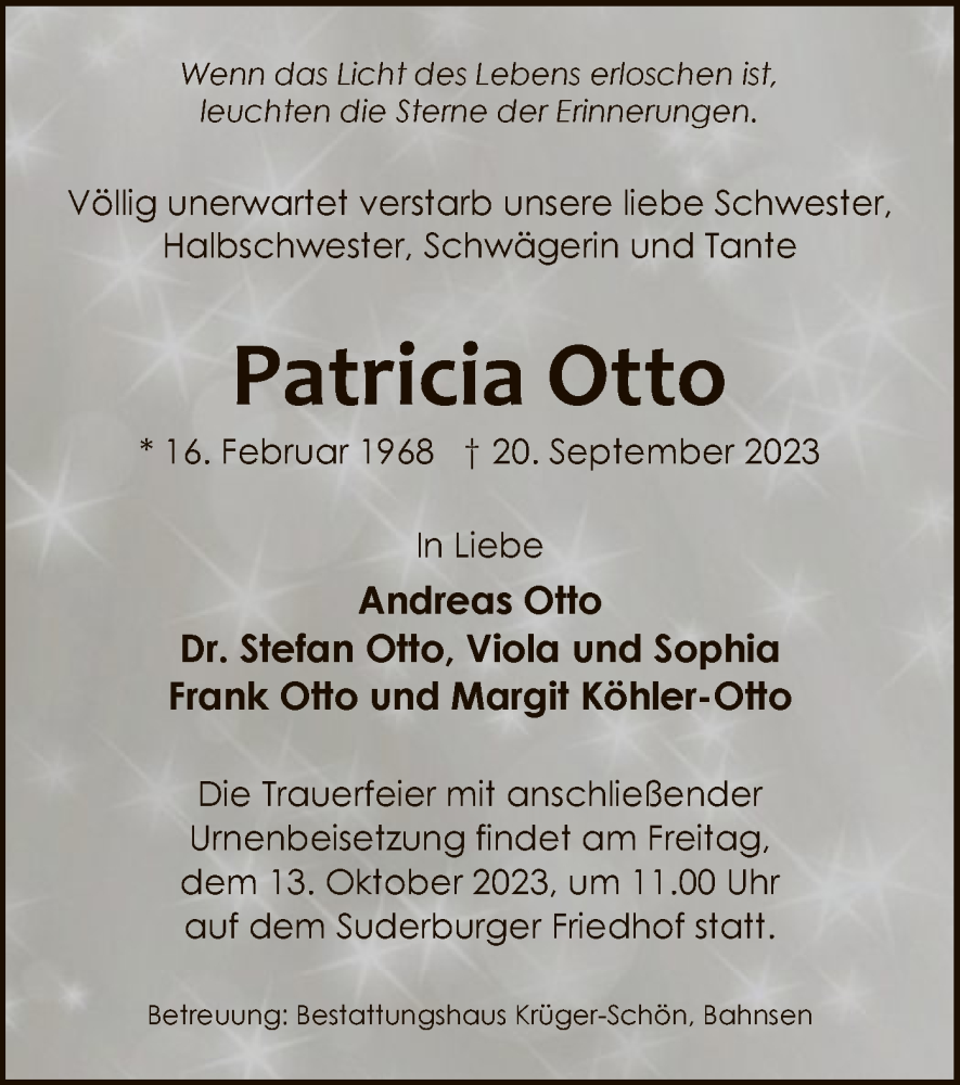  Traueranzeige für Patricia Otto vom 30.09.2023 aus UEL