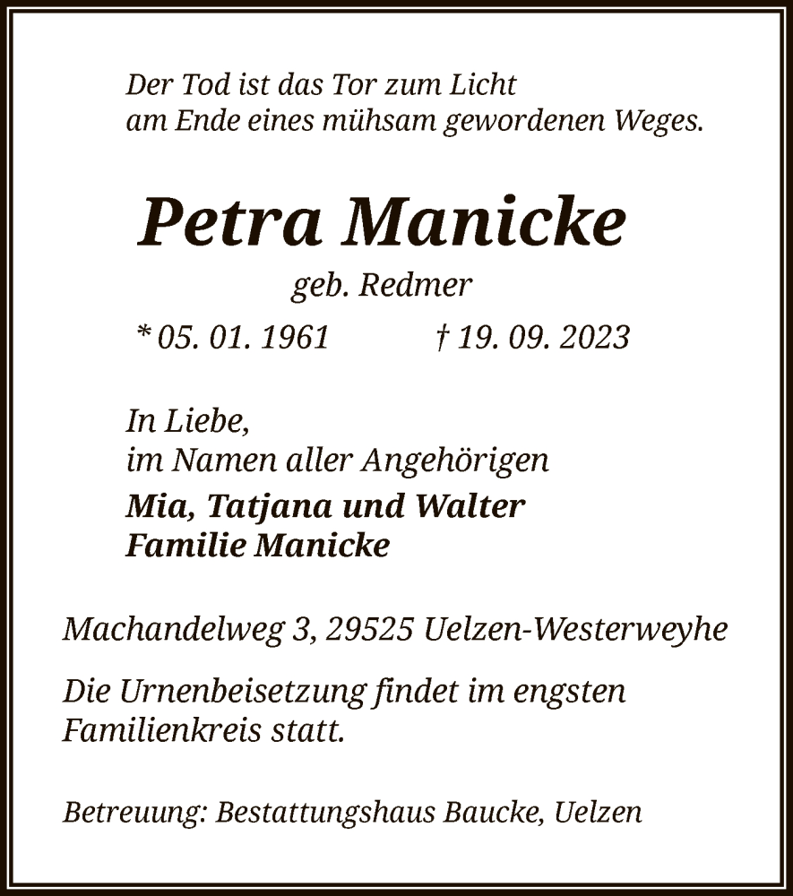  Traueranzeige für Petra Manicke vom 23.09.2023 aus UEL