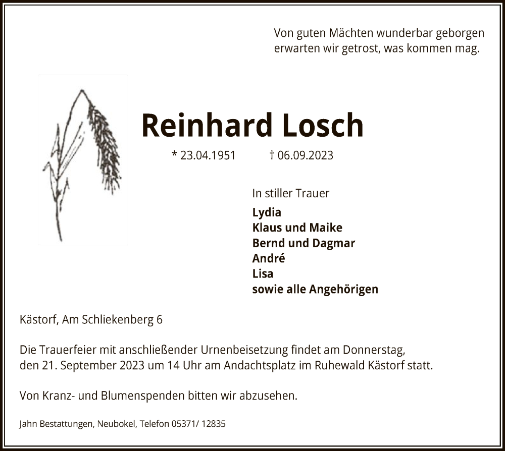  Traueranzeige für Reinhard Losch vom 16.09.2023 aus UEL