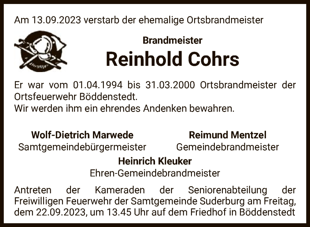  Traueranzeige für Reinhold Cohrs vom 16.09.2023 aus UEL
