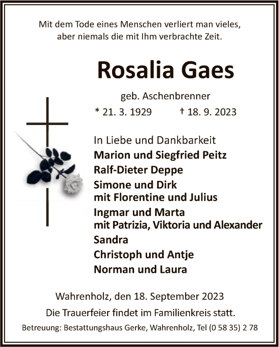 Traueranzeige von Rosalia Gaes von UEL