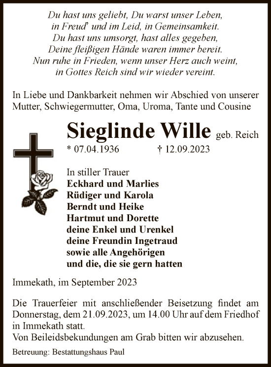 Traueranzeige von Sieglinde Wille von UEL