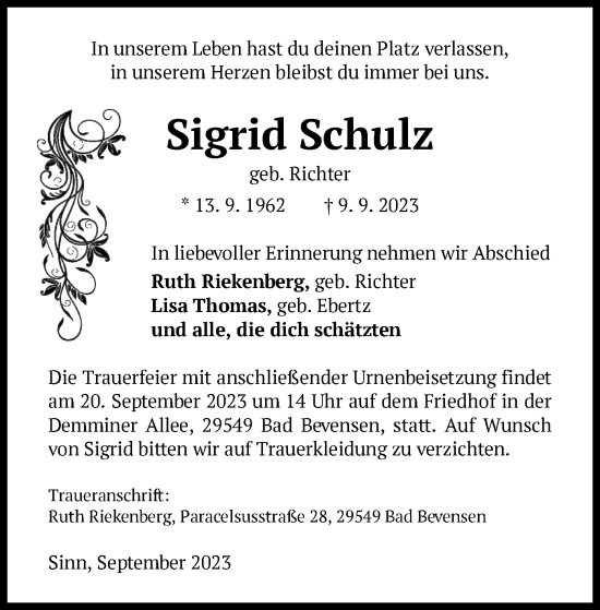 Traueranzeige von Sigrid Schulz von UEL