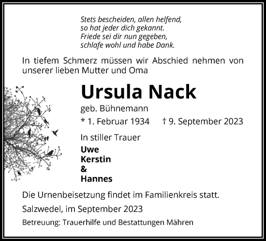 Traueranzeige von Ursula Nack von UEL