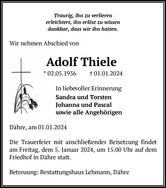 Traueranzeige von Adolf Thiele von UEL