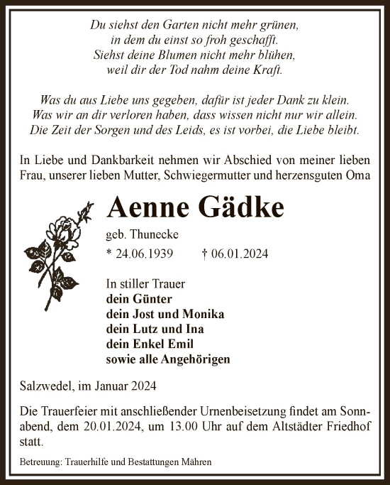 Traueranzeige von Aenne Gädke von UEL