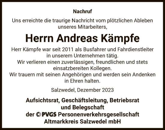 Traueranzeige von Andreas Kämpfe von UEL