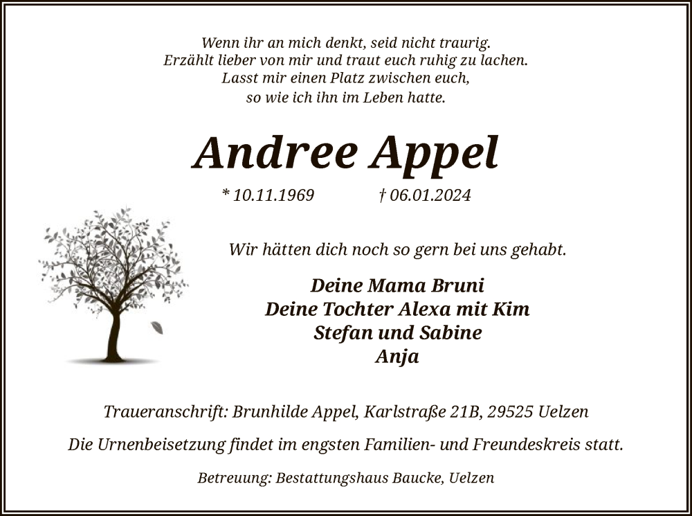  Traueranzeige für Andree Appel vom 13.01.2024 aus UEL