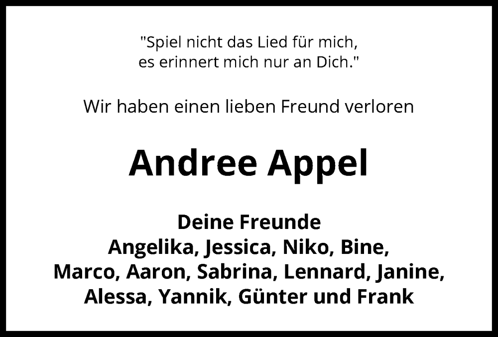  Traueranzeige für Andree Appel vom 13.01.2024 aus UEL