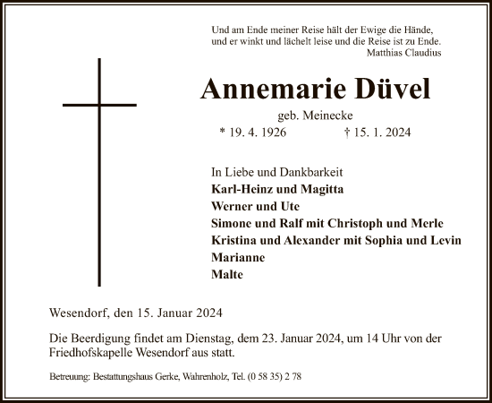 Traueranzeige von Annemarie Düvel von UEL