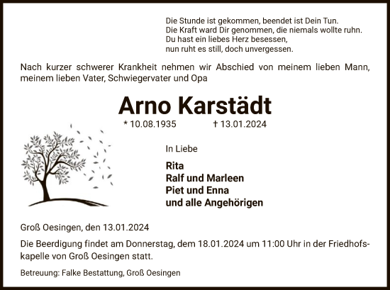 Traueranzeige von Arno Karstädt von UEL